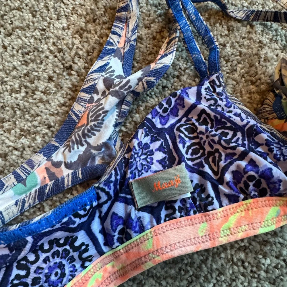 Maaji Blue Floral & Coral Trim Bikini Top